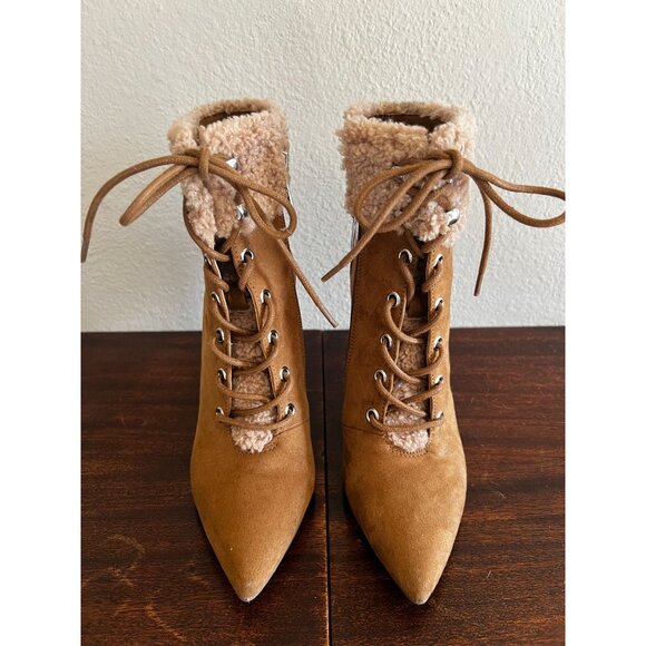 Jessica Simpson Ankle Boots Womens Sz 6.5 Tan Stiletto Heel Vegan Faux Fur Cuff - Picture 5 of 11